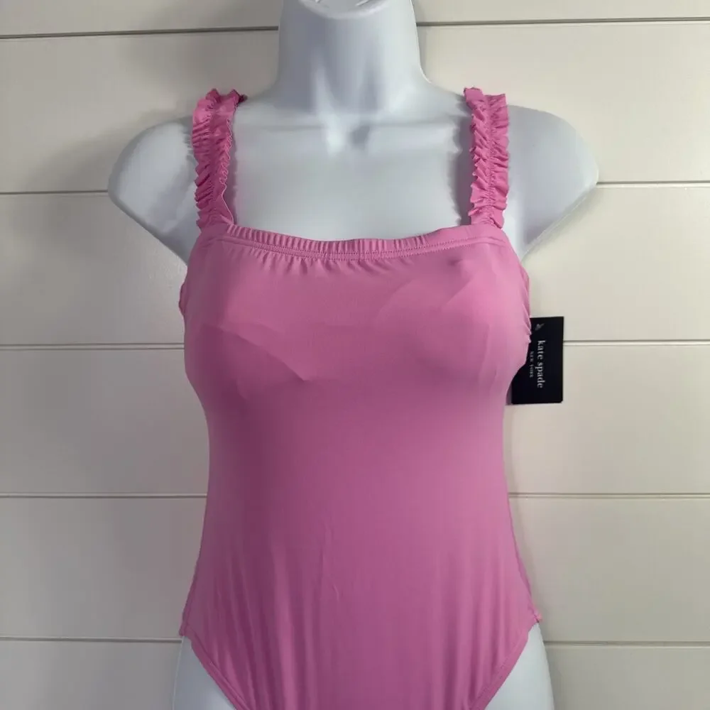 Kate Spade Square Neck Ruffle One Piece Swimsuit Surf Pink sz XS